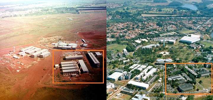 Vista aérea parcial do campus da Unicamp em Barão Geraldo no início dos anos 1970 e em 18/08/2004