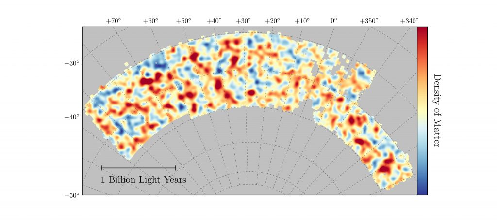 Maior mapa da matéria escura já desenhado usando dados do primeiro ano de observação do Dark Energy Survey. O mapa cobre cerca de 1/30 do céu. Regiões mais vermelhas tem mais matéria escura que a média, enquanto as regiões azuis tem menos. Crédito: Dark Energy Survey.