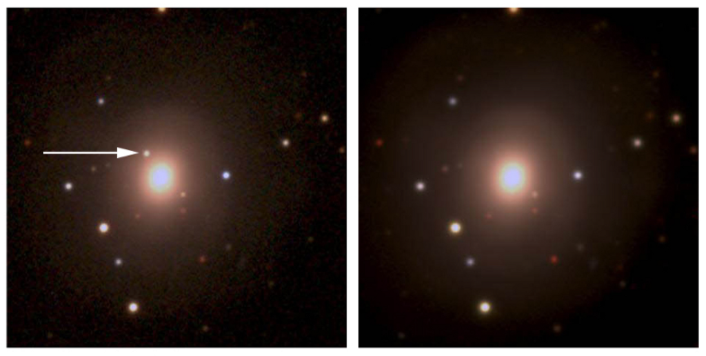 À esquerda, vemos a imagem da detecção ótica da explosão indicada pela seta. À direita, temos a mesma região observada duas semanas depois, após o enfraquecimento do brilho do evento. Imagens obtidas com a combinação dos filtros grz da DECam.